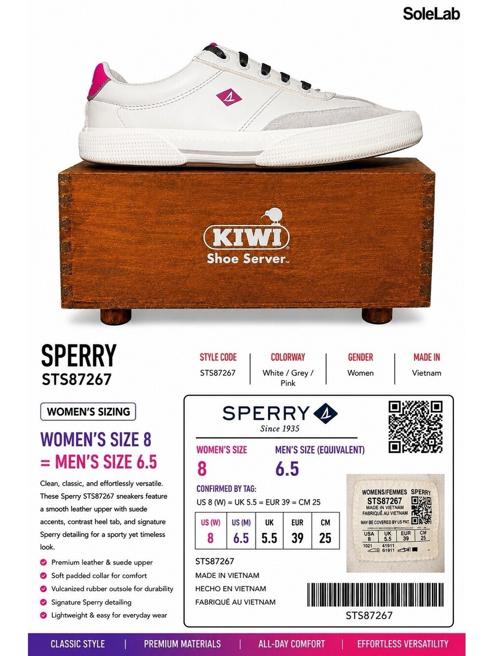 Sperry STS87267 Women’s Leather Suede Sneakers White Pink Gray Memory Foam